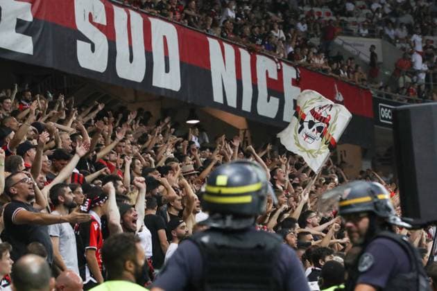 Nice, France, 22nd August 2021. A heavy police presence keeps watch on the OGC Nice fans in the South Curve following the pitch invasion during the Lique 1 match at Allianz Riviera Stadium, Nice. Picture credit should read: Jonathan Moscrop Sportimage EDITORIAL USE ONLY. No use with unauthorised audio, video, data, fixture lists, club league logos or live services. Online in-match use limited to 120 images, no video emulation. No use in betting, games or single club league player publications. SPI-1148-0039