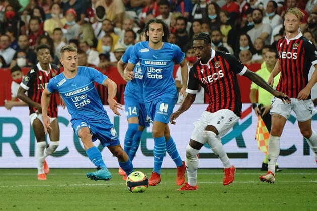 Pablo Rosario (OGC Nice) - Valentin Rongier (Olympique de Marseille) FOOTBALL : OGC Nice vs Olympique de Marseille - Ligue 1 Uber Eats - Nice - 22 08 2021 NorbertScanella PanoramiC 
