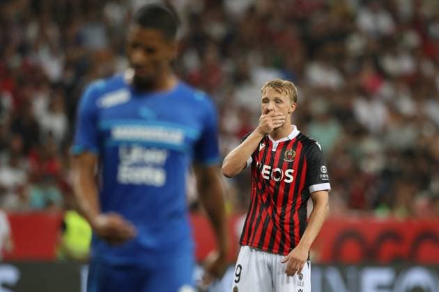 Nice, France, 22nd August 2021. Kasper Dolberg of OGC Nice reacts during the Lique 1 match at Allianz Riviera Stadium, Nice. Picture credit should read: Jonathan Moscrop Sportimage EDITORIAL USE ONLY. No use with unauthorised audio, video, data, fixture lists, club league logos or live services. Online in-match use limited to 120 images, no video emulation. No use in betting, games or single club league player publications. SPI-1148-0053