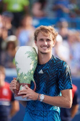 CINCINNATI, OH - AUGUST 22: Alexander Zverev of Germany holds the Rookwood Cup after winning the menÕs championship match of the Western & Southern Open at the Lindner Family Tennis Center in Mason, Ohio on August 22, 2021. Zverev defeated Andrey Rublev of Russia 6-2, 6-3. (Photo by Shelley Lipton Icon Sportswire) TENNIS: AUG 22 Western & Southern Open Icon2108221210