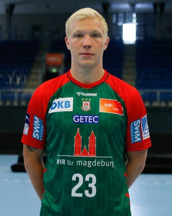 23.08.2021, xgox, Handball LIQUI MOLY HBL, SC Magdeburg Fototermin emspor, v.l. Magnus Saugstrup (Magdeburg, 23) Portrait, Portraet, Einzelbild Magdeburg