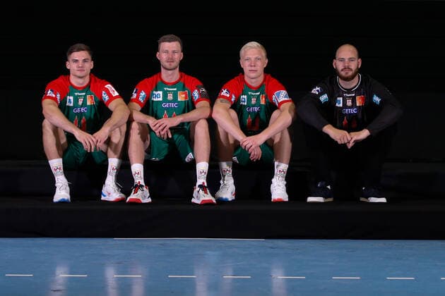 23.08.2021, xgox, Handball LIQUI MOLY HBL, SC Magdeburg Fototermin emspor, v.l. Neuzugaenge SC Magdeburg Kay Smits (Magdeburg), Philipp Weber (Magdeburg, 20), Magnus Saugstrup (Magdeburg, 23), Mike Jensen (Magdeburg) Magdeburg