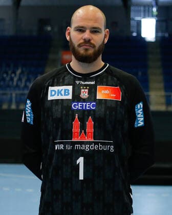 23.08.2021, xgox, Handball LIQUI MOLY HBL, SC Magdeburg Fototermin emspor, v.l. Mike Jensen (Magdeburg) Portrait, Portraet, Einzelbild Magdeburg