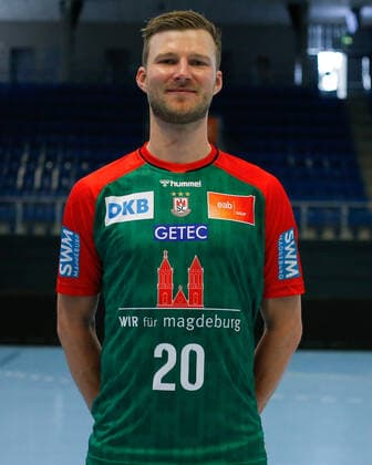 23.08.2021, xgox, Handball LIQUI MOLY HBL, SC Magdeburg Fototermin emspor, v.l. Philipp Weber (Magdeburg, 20) Portrait, Portraet, Einzelbild Magdeburg
