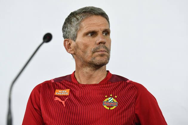 ZAPORIZHZHIA, UKRAINE - AUGUST 25, 2021 - Head coach of FC Rapid Austria Dietmar Kuhbauer is pictured during the press conference, PK, Pressekonferenz ahead of the 2021 2022 UEFA Europa League play-off qualifier 2nd leg game against FC Zorya Luhansk, Zaporizhzhia, southeastern Ukraine Pre-match news conference of FC Rapid before play-off qualifier against FC Zorya  Copyright: xDmytroxSmoliyenkox