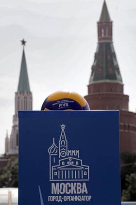 MOSCOW, RUSSIA - AUGUST 26, 2021: A ball is pictured in Manezhnaya Square after a ceremony to launch a clock counting down days and hours until the 2022 FIVB Volleyball Men s World Championship, WM, Weltmeisterschaft The 2022 FIVB Volleyball Men s World Championship is scheduled to take place in Russia on August 26-September 11, 2022. Mikhail Metzel TASS  TS10DD23