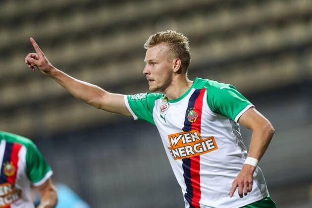 SOCCER - UEFA EL, Luhansk vs Rapid ZAPORIZHIA,UKRAINE,26.AUG.21 - SOCCER - UEFA Europa League play off, Zorya Luhansk vs SK Rapid Wien. Image shows the rejoicing of Marco Gruell (Rapid).  GEPAxpictures xPhilippxBrem