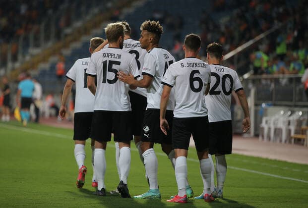 Randers Marvin Egho celebrates with his team mates after scoring a goal during the UEFA Europa League play-off second leg football match between Galatasaray and Randers at Recep Tayyip Erdogan Stadium in Istanbul, on August 26, 2021.. , Istanbul Denmark