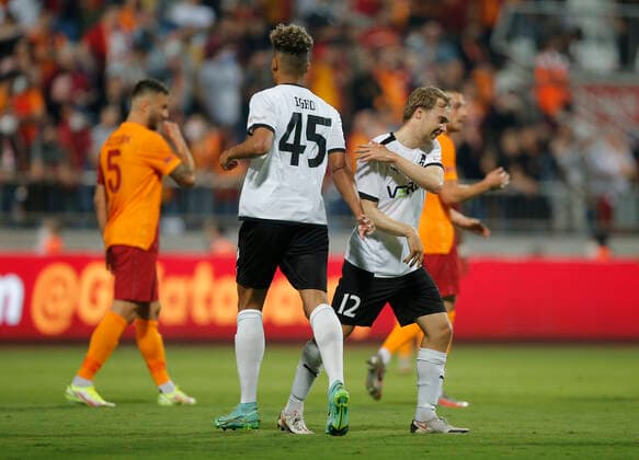 Randers Marvin Egho (L) celebrates with Simon Tibbling after scoring a goal during the UEFA Europa League play-off second leg football match between Galatasaray and Randers at Recep Tayyip Erdogan Stadium in Istanbul, on August 26, 2021.. , Istanbul Denmark