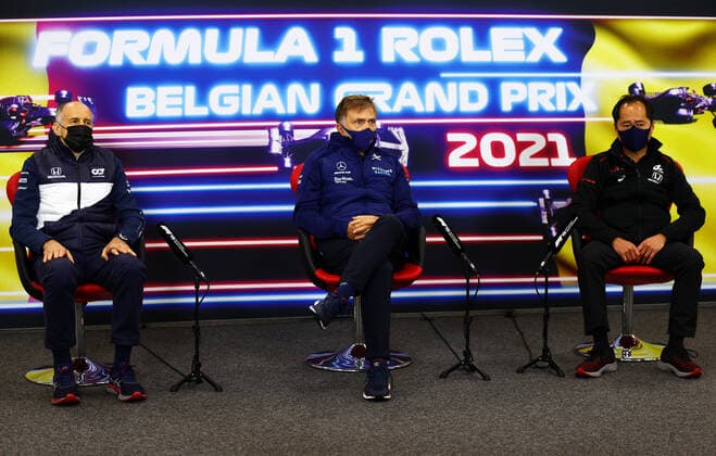 F1 Grand Prix of Belgium Franz Tost (AUT, Scuderia AlphaTauri Honda), Jost Capito (GER, Williams Racing), Laurent Rossi (FRA, CEO of Alpine), F1 Grand Prix of Belgium at Circuit de Spa-Francorchamps on August 27, 2021 in Spa-Francorchamps, Belgium. (Photo by Dan Istitene Getty Images FIA Pool via HOCH ZWEI) Spa-Francorchamps Circuit de Spa-Francorchamps Belgium Poolfoto HOCH ZWEI Pool Getty Images ,EDITORIAL USE ONLY