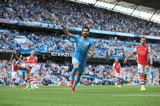 Football - Premier League - Manchester City v Arsenal 28th August 2021 - Premier League - Manchester City v Arsenal - Ilkay Gundogan of Manchester City celebrates after scoring their 1st goal - Photo: Simon Stacpoole Offside. Manchester UK Copyright: xSimonxStacpoolexOffside
