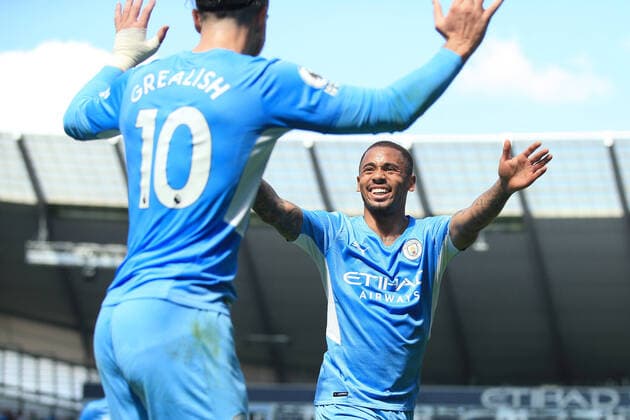 Football - Premier League - Manchester City v Arsenal 28th August 2021 - Premier League - Manchester City v Arsenal - Gabriel Jesus of Manchester City celebrates with teammate Jack Grealish of Manchester City after scoring their 3rd goal - Photo: Simon Stacpoole Offside. Manchester UK Copyright: xSimonxStacpoolexOffside