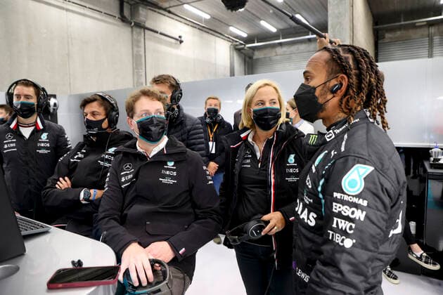 Toto Wolff (AUT, Mercedes-AMG Petronas F1 Team), Ola Källenius (SWE, Chairman of the Board of Management of Daimler AG), Britta Seeger (GER, Member of the Board of Management of Daimler AG), 44 Lewis Hamilton (GBR, Mercedes-AMG Petronas F1 Team), F1 Grand Prix of Belgium at Circuit de Spa-Francorchamps on August 28, 2021 in Spa-Francorchamps, Belgium. (Photo by HOCH ZWEI) Spa-Francorchamps Belgium
