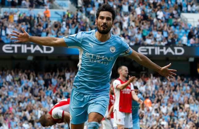 Manchester, England, 28th August 2021. Ilkay Gundogan of Manchester City celebrates scoring their first goal during the Premier League match at the Etihad Stadium, Manchester. Picture credit should read: Darren Staples Sportimage EDITORIAL USE ONLY. No use with unauthorised audio, video, data, fixture lists, club league logos or live services. Online in-match use limited to 120 images, no video emulation. No use in betting, games or single club league player publications. SPI-1157-0051