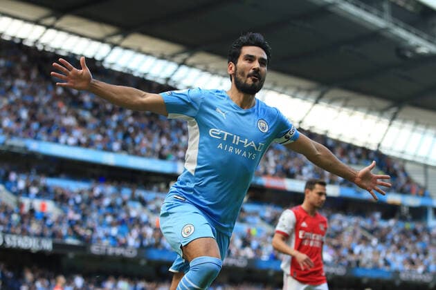 Football - Premier League - Manchester City v Arsenal 28th August 2021 - Premier League - Manchester City v Arsenal - Ilkay Gundogan of Manchester City celebrates after scoring their 1st goal - Photo: Simon Stacpoole Offside. Manchester UK Copyright: xSimonxStacpoolexOffside