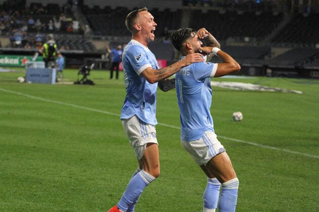 August 28, 2021, Bronx, New York, USA: Valentin Castellanos of NYCFC celebrate his second goal during soccer match between NYCFC and New England during Major League Soccer ( MLS, Fussball Herren, USA at Yankee stadium in Bronx, New York with the presence of fans, mostly vaccinated against COVID-19.  Copyright: xNiyixFotex