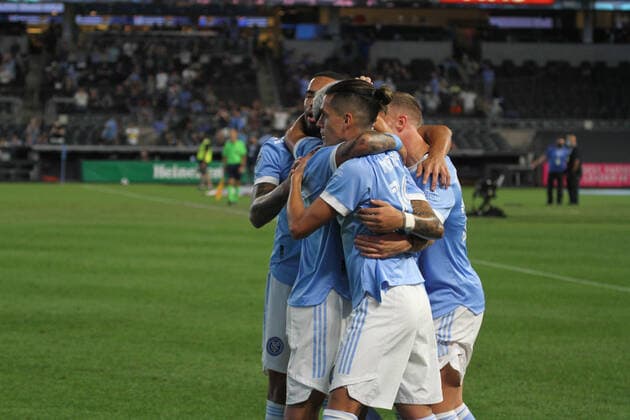 August 28, 2021, Bronx, New York, USA: Valentin Castellanos of NYCFC celebrate his second goal during soccer match between NYCFC and New England during Major League Soccer ( MLS, Fussball Herren, USA at Yankee stadium in Bronx, New York with the presence of fans, mostly vaccinated against COVID-19.  Copyright: xNiyixFotex
