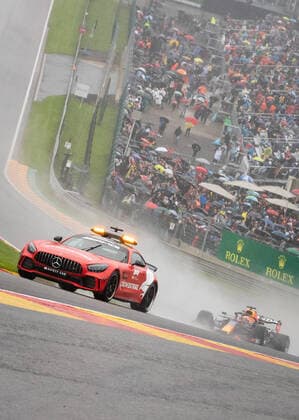 Red Bull s Dutch driver Max Verstappen drives behind the safety car as it rains during the Spa-Francorchamps Formula One Grand Prix of Belgium race, the 12 GP (out of 23) of the World Championship, WM, Weltmeisterschaft in Spa-Francorchamps, Sunday 29 August 2021. BENOITxDOPPAGNE  x3076752x