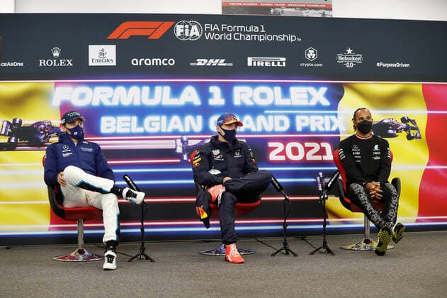 F1 Grand Prix of Belgium 63 George Russell (GBR, Williams Racing), 33 Max Verstappen (NED, Red Bull Racing), 44 Lewis Hamilton (GBR, Mercedes-AMG Petronas F1 Team), F1 Grand Prix of Belgium at Circuit de Spa-Francorchamps on August 29, 2021 in Spa-Francorchamps, Belgium. (Photo by Antonin Vincent DPPI FIA Pool via HOCH ZWEI) Spa-Francorchamps Belgium Poolfoto HOCH ZWEI Pool Antonin Vincent ,EDITORIAL USE ONLY