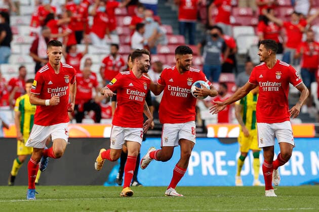 SL Benfica V CD Tondela - Liga BWIN Rafa Silva celebrates his goal with Julian Weigl, Goncalo Ramos and Lucas Verissimo during the match for Liga BWIN between SL Benfica and CD Tondela, at Estadio da Luz, Lisboa, Portugal, 29, August, 2021 Lisbon Portugal rico-slbenfic210829_npIrG  Copyright: xJoaoxRicox