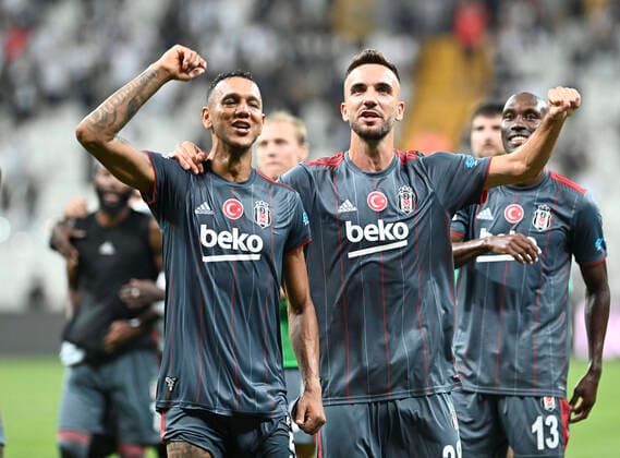 Josef de Souza (L) and Kenan Karaman of Besiktas during the Turkish Super league football match between Besiktas and Fatih Karagumruk at Vodafone Park in Istanbul , Turkey on August 28 , 2021. 