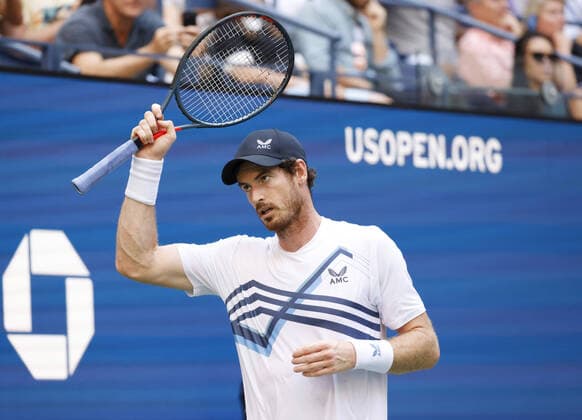 Andy Murray of England reacts after winning a point in the 2nd set of his match against Stefanos Tsitsipas of Greece in Arthur Ashe Stadium in the first round of the 2021 US Open Tennis Championships at the USTA Billie Jean King National Tennis Center on Monday, August 30, 2021 in New York City.  NYP20210830127 JOHNxANGELILLO