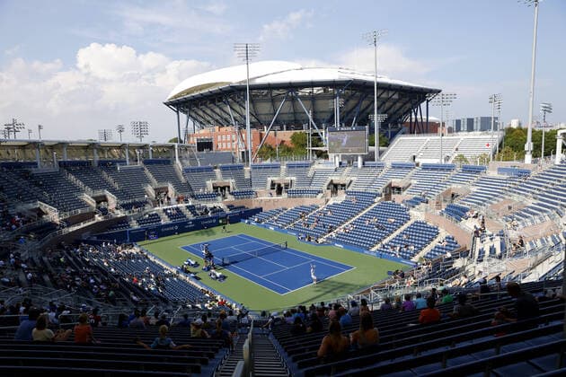 Casper Ruud of Norway serves to Yuichi Sugita of Japan in the Grandstand court in the first round of the 2021 US Open Tennis Championships at the USTA Billie Jean King National Tennis Center on Monday, August 30, 2021 in New York City.  NYP20210830134 JOHNxANGELILLO