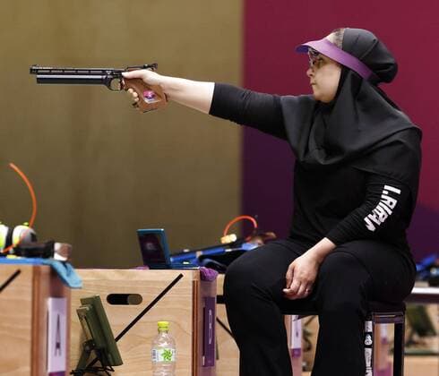 Tokyo Paralympics: Shooting Sareh Javanmardi of Iran competes in the women s shooting 10-meter air pistol SH1 event at the Tokyo Paralympics en route to winning gold at Asaka Shooting Range in Tokyo on Aug. 31, 2021.  A14AA0000789568P