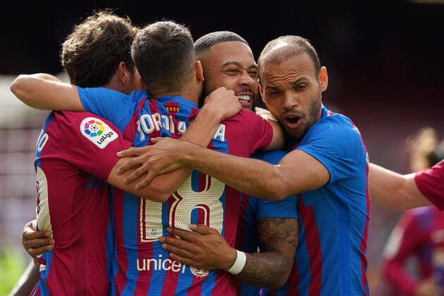 FC Barcelona, Barca s Sergi Roberto, Jordi Alba, Memphis Depay and Martin Braithwaite celebrate goal during La Liga match. August 29, 2021. (2021082983)