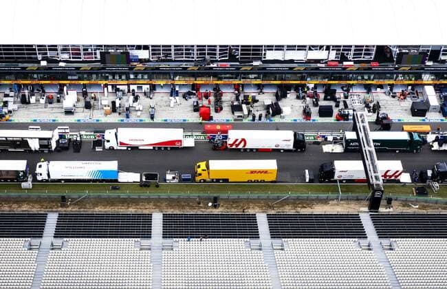 ZANDVOORT - Drone photo of Formula 1 teams building their garages in the pit lane at Circuit Zandvoort, where a Formula 1 race will be held for the first time in 36 years. REMKO DE WAAL xVIxANPxSportx xxANPxIVx