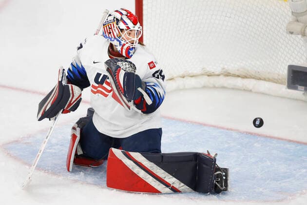 Overtime winning goal by Canada captain, Marie-Philip Poulin gets by USA goalie Nicole Hensley after IIHF Women s World Championship, WM, Weltmeisterschaft gold medal play in Calgary, Alberta, Canada on Aug. 31, 2021. digital photo by Larry MacDougal Nicole Hensley