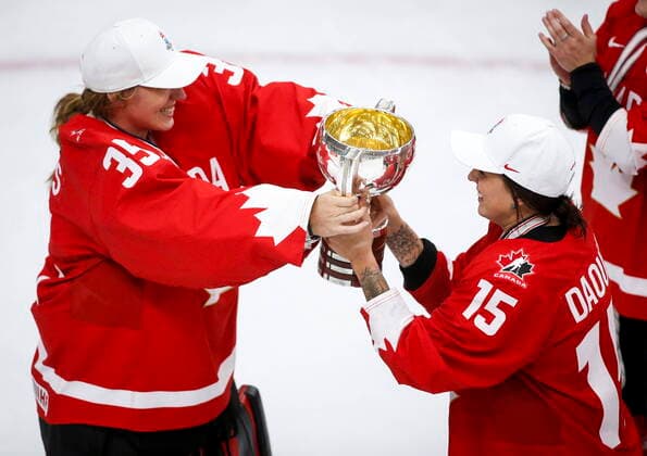 August 31, 2021, Calgary, ab, Canada: Team Canada s goalie Ann-Renee Desbiens, left, and Melodie Daoust celebrate defeating the United States to win gold at the IIHF Women s World Championship, WM, Weltmeisterschaft in Calgary, Tuesday, Aug. 31, 2021. Ann-Renee Desbiens, Melodie Daoust  - ZUMAc35_ 20210831_zaf_c35_104 Copyright: xJeffxMcintoshx