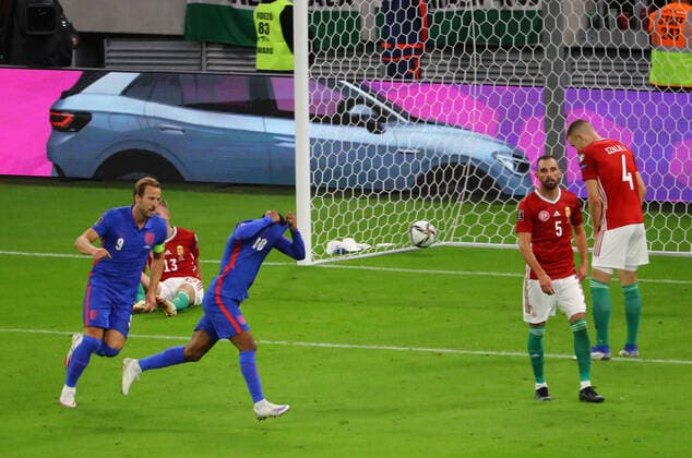 Fußball, WM Quali, Ungarn - England Hungary v England 2022 FIFA World Cup, WM, Weltmeisterschaft, Fussball Qualifiers Raheem Sterling celebrates after opening the scoring for England during the 2022 FIFA World Cup Qualifiers match at the Ferenc Puskas Stadium, Budapest Content Not Available For UK Newspapers Copyright: xFocusxImagesx FIL-15839-0024