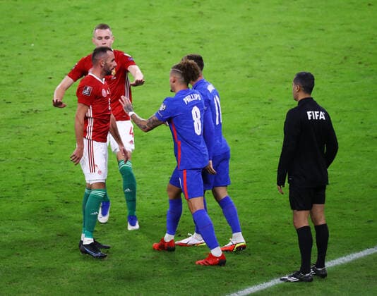 Hungary v England 2022 FIFA World Cup, WM, Weltmeisterschaft, Fussball Qualifiers Ãdam Nagy of Hungary tries to prevent team-mate Daniel Gazdag from confronting Mason Mount and Kalvin Phillips of England during the 2022 FIFA World Cup Qualifiers match at the Ferenc Puskas Stadium, Budapest Content Not Available For UK Newspapers Copyright: xFocusxImagesx FIL-15839-0034