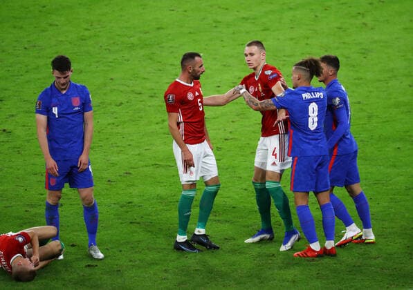 Hungary v England 2022 FIFA World Cup, WM, Weltmeisterschaft, Fussball Qualifiers Ãdam Nagy of Hungary tries to prevent team-mate Daniel Gazdag from confronting Mason Mount and Kalvin Phillips of England during the 2022 FIFA World Cup Qualifiers match at the Ferenc Puskas Stadium, Budapest Content Not Available For UK Newspapers Copyright: xFocusxImagesx FIL-15839-0035