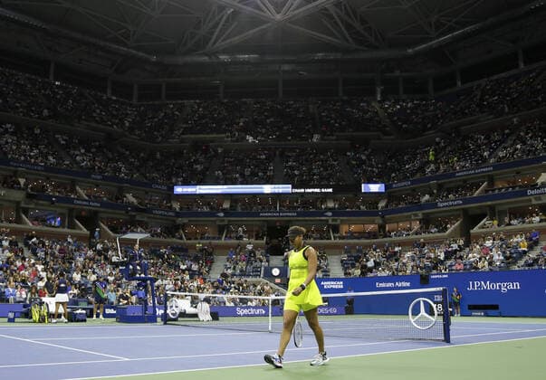 Naomi Osaka of Japan changes sides after the first game of the third set before losing to Leylah Fernandez of Canada in 3 sets in Arthur Ashe Stadium in the third round of the 2021 US Open Tennis Championships at the USTA Billie Jean King National Tennis Center on Friday, September 3, 2021 in New York City.  NYP20210903133 JOHNxANGELILLO