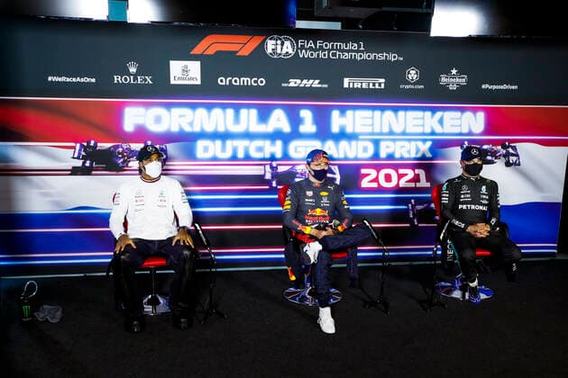 HAMILTON Lewis (gbr), Mercedes AMG F1 GP W12 E Performance, VERSTAPPEN Max (ned), Red Bull Racing Honda RB16B, BOTTAS Valtteri (fin), Mercedes AMG F1 GP W12 E Performance, press conference, PK, Pressekonferenz during the Formula 1 Heineken Dutch Grand Prix 2021, 13th round of the 2021 FIA Formula One World Championship, WM, Weltmeisterschaft from September 3 to 5, 2021 on the Circuit Zandvoort, in Zandvoort, Netherlands FORMULE 1 : Grand Prix des Pays-Bas - 04 09 2021 DPPI PANORAMIC _GO09470