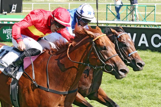 Bilder des Jahres 2021, Sport 09 September Sport Themen der Woche KW35 Sport Bilder des Tages 04.09.2021, Iffezheim, Baden-Wuerttemberg, GER - Kitty Marion (links) mit Vaclav Janacek gewinnt. Galopprennbahn Baden-Baden, Iffezheim. () 210904D624IFFEZHEIM.JPG *** 04 09 2021, Iffezheim, Baden Wuerttemberg, GER Kitty Marion left with Vaclav Janacek wins racecourse Baden Baden, Iffezheim 210904D624IFFEZHEIM JPG
