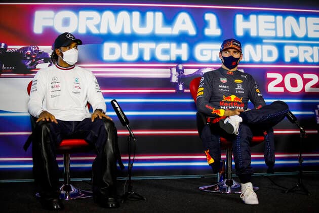 44 Lewis Hamilton (GBR, Mercedes-AMG Petronas F1 Team), 33 Max Verstappen (NED, Red Bull Racing), F1 Grand Prix of the Netherlands at Circuit Zandvoort on September 4, 2021 in Zandvoort, Netherlands. (Photo by HOCH ZWEI) Zandvoort Netherlands