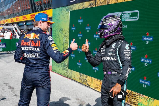 33 Max Verstappen (NED, Red Bull Racing), 44 Lewis Hamilton (GBR, Mercedes-AMG Petronas F1 Team), F1 Grand Prix of the Netherlands at Circuit Zandvoort on September 4, 2021 in Zandvoort, Netherlands. (Photo by HOCH ZWEI) Zandvoort Netherlands