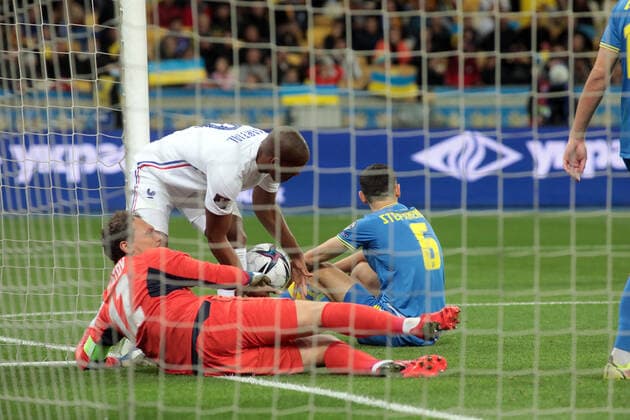 KYIV, UKRAINE - SEPTEMBER 4, 2021 - Forward Anthony Martial (C) of Ukraine holds the ball near Ukraine s goalkeeper Andriy Pyatov during the FIFA World Cup, WM, Weltmeisterschaft, Fussball Qatar 2022 Qualification Round UEFA Group D match at the NSC Olimpiyskiy, Kyiv, capital of Ukraine. Ukraine vs France in European Qualifiers match in Kyiv  Copyright: xHennadiixMinchenkox