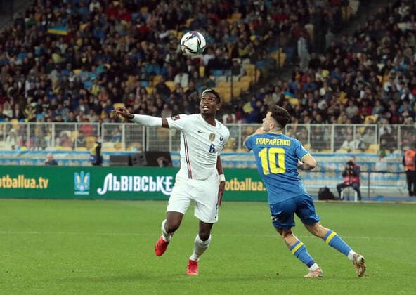 KYIV, UKRAINE - SEPTEMBER 4, 2021 - Midfielder Paul Pogba (L) of France and midfielder Mykola Shaparenko of Ukraine are seen in action during the FIFA World Cup, WM, Weltmeisterschaft, Fussball Qatar 2022 Qualification Round UEFA Group D match at the NSC Olimpiyskiy, Kyiv, capital of Ukraine. Ukraine vs France in European Qualifiers match in Kyiv  Copyright: xHennadiixMinchenkox