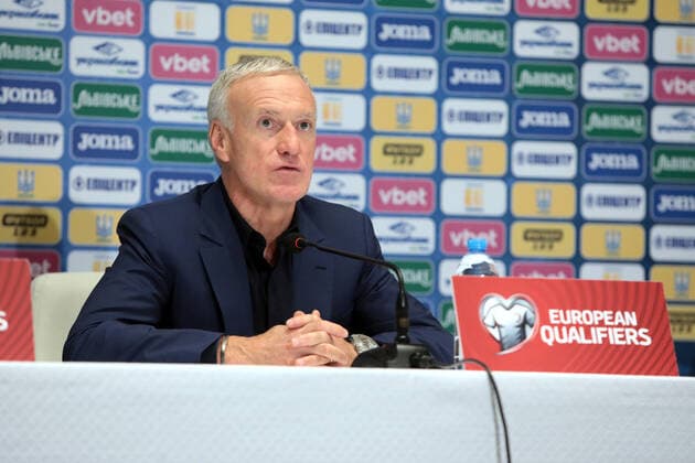 KYIV, UKRAINE - SEPTEMBER 5, 2021 - Head coach of France Didier Deschamps is pictured during a news conference following a 1-1 draw against Ukraine in the FIFA World Cup, WM, Weltmeisterschaft, Fussball Qatar 2022 Qualification Round UEFA Group D match, Kyiv, capital of Ukraine. Post-match news conference of Didier Deschamps in Kyiv  Copyright: xHennadiixMinchenkox