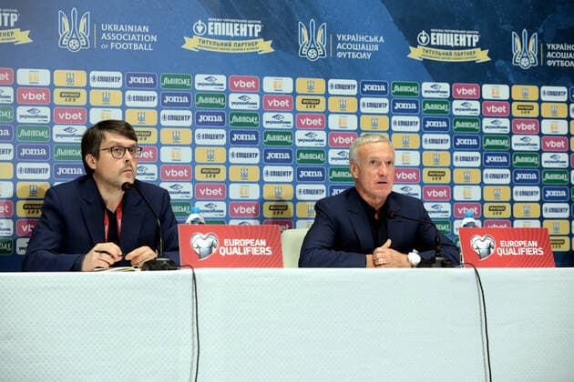KYIV, UKRAINE - SEPTEMBER 5, 2021 - Head coach of France Didier Deschamps (R) is pictured during a news conference following a 1-1 draw against Ukraine in the FIFA World Cup, WM, Weltmeisterschaft, Fussball Qatar 2022 Qualification Round UEFA Group D match, Kyiv, capital of Ukraine. Post-match news conference of Didier Deschamps in Kyiv  Copyright: xHennadiixMinchenkox