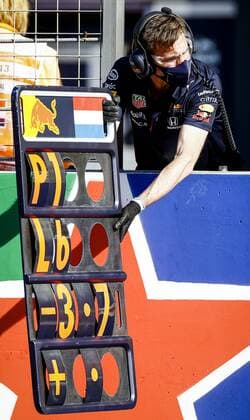 ZANDVOORT - An information board from Red Bull Racing intended for Max Verstappen during the Dutch Grand Prix at the Zandvoort circuit. KOEN VAN WEEL Grand Prix xVIxANPxSportx xxANPxIVx