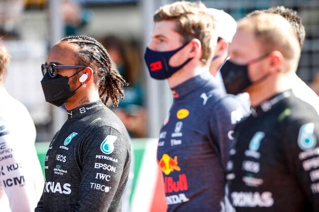 44 Lewis Hamilton (GBR, Mercedes-AMG Petronas F1 Team), 33 Max Verstappen (NED, Red Bull Racing), 77 Valtteri Bottas (FIN, Mercedes-AMG Petronas F1 Team), F1 Grand Prix of the Netherlands at Circuit Zandvoort on September 5, 2021 in Zandvoort, Netherlands. (Photo by HOCH ZWEI) Zandvoort Netherlands