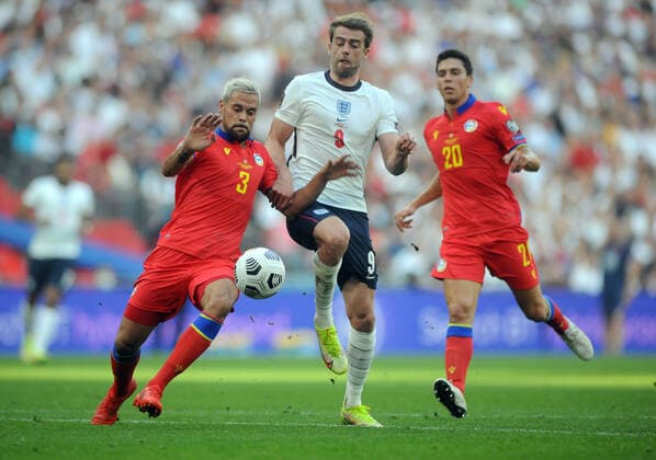 Football - 2022 FIFA World Cup, WM, Weltmeisterschaft, Fussball - European Qualifying - Group I - England vs Andorra - Wembley Stadium - Sunday 5th September 2021 Patrick Bamford of England making his debut with Marc Vales of Andorra 