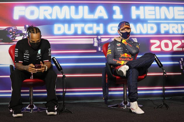 F1 Grand Prix of the Netherlands 44 Lewis Hamilton (GBR, Mercedes-AMG Petronas F1 Team), 33 Max Verstappen (NED, Red Bull Racing), F1 Grand Prix of the Netherlands at Circuit Zandvoort on September 5, 2021 in Zandvoort, Netherlands. (Photo by xpbimages.com XPB Images FIA Pool via HOCH ZWEI) Zandvoort Netherlands Poolfoto HOCH ZWEI Pool XPB Images ,EDITORIAL USE ONLY