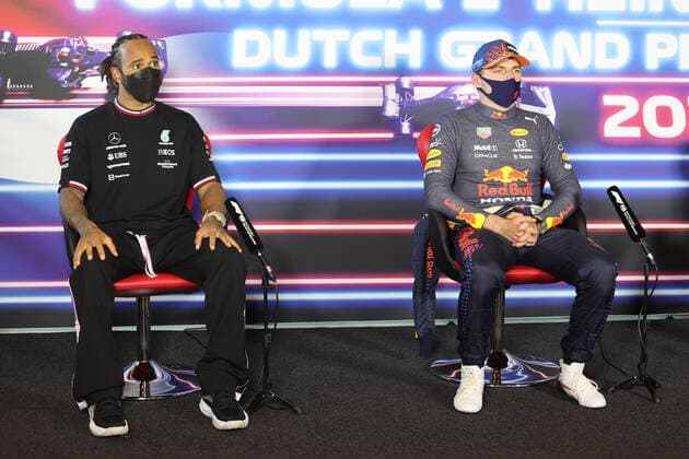 F1 Grand Prix of the Netherlands 44 Lewis Hamilton (GBR, Mercedes-AMG Petronas F1 Team), 33 Max Verstappen (NED, Red Bull Racing), F1 Grand Prix of the Netherlands at Circuit Zandvoort on September 5, 2021 in Zandvoort, Netherlands. (Photo by xpbimages.com XPB Images FIA Pool via HOCH ZWEI) Zandvoort Netherlands Poolfoto HOCH ZWEI Pool XPB Images ,EDITORIAL USE ONLY
