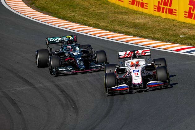9 Nikita Mazepin (RUS, Haas F1 Team), 5 Sebastian Vettel (GER, Aston Martin Cognizant F1 Team), F1 Grand Prix of the Netherlands at Circuit Zandvoort on September 5, 2021 in Zandvoort, Netherlands. (Photo by HOCH ZWEI) Zandvoort Netherlands